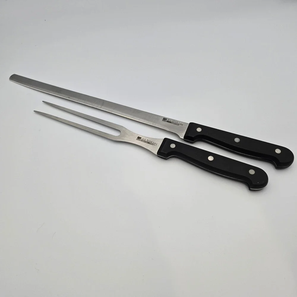 Ronco Six Star+ 2 Piece Carving Set Stainless Knife and Fork Black Triple Rivet